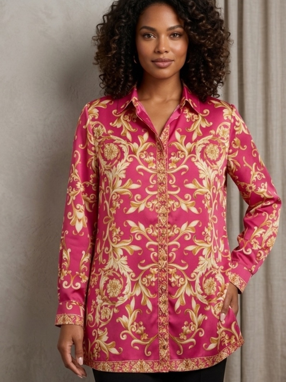Chico's Fuchsia and Gold Baroque-Print Button-Down Tunic Shirt NWT Size 3 16/18